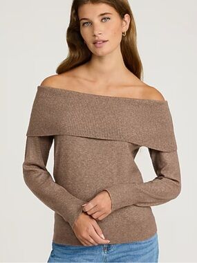 Off-Shoulder Rib Fold Sweater - taupe